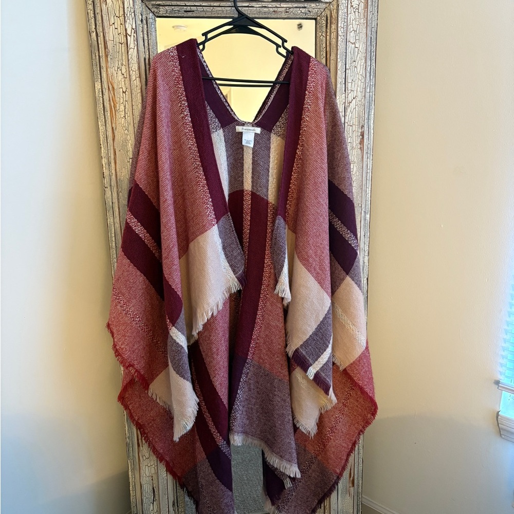 Francesca's Collections Plaid Poncho - Burgundy and Cream